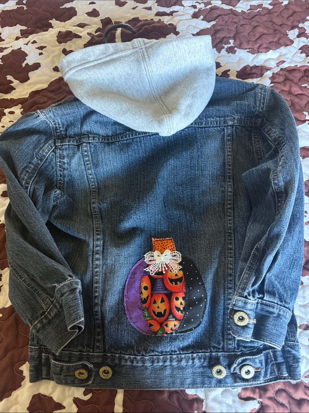 Kids Denim Jacket with Gray Hoodie and Halloween Pumpkin Patch